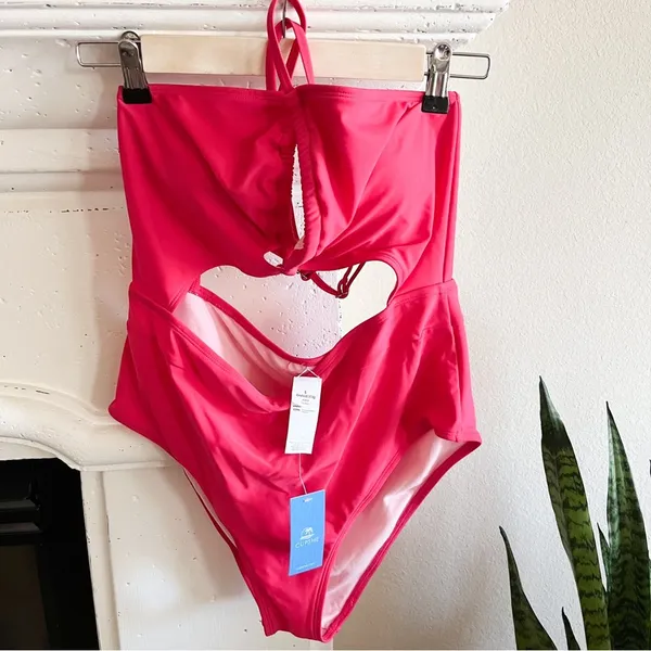 Hot Pink One Piece Cut Out Crossover Swimsuit Size L (12-14) - Image 2