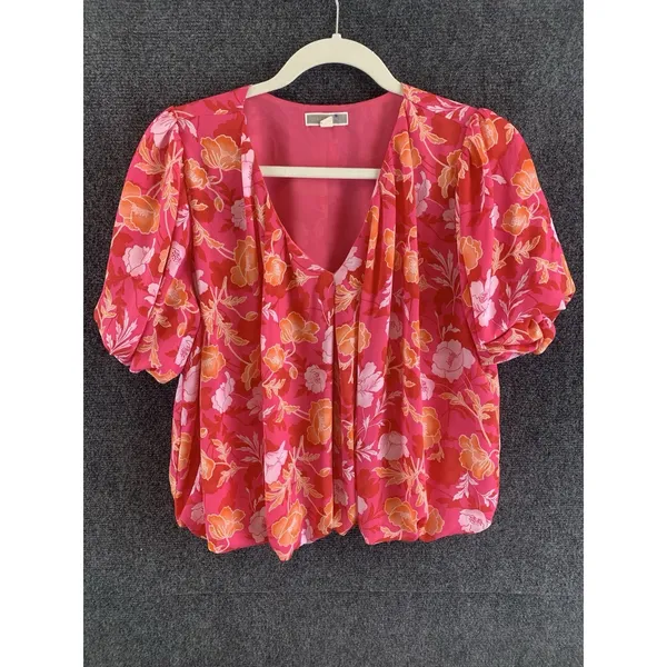 Pleione Pink & Orange Floral V- Neck Blouse Puff Sleeves Size M Coquette - Image 2