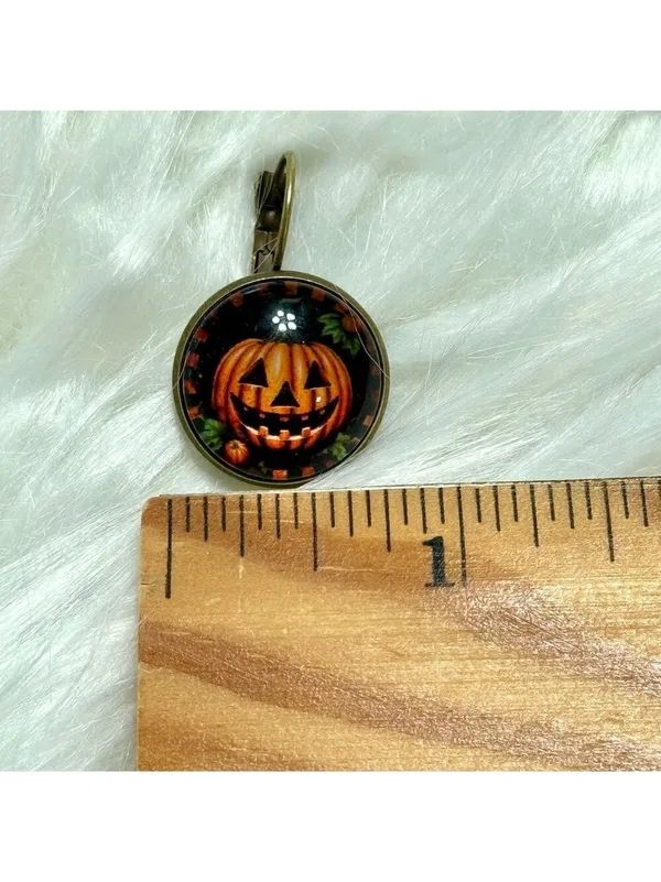 Halloween Pumpkin Jack O Lantern Dangle Earrings Black Orange - Image 3