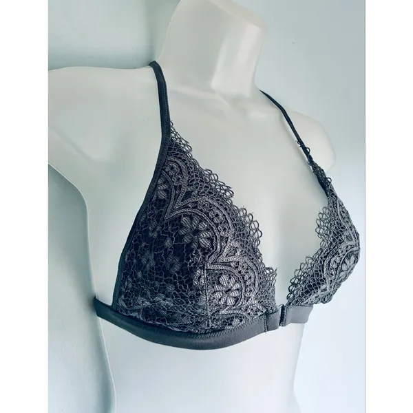Victoria's Secret Triangle Bralette Gray Lace Floral Lined Front Closure Large - Image 2