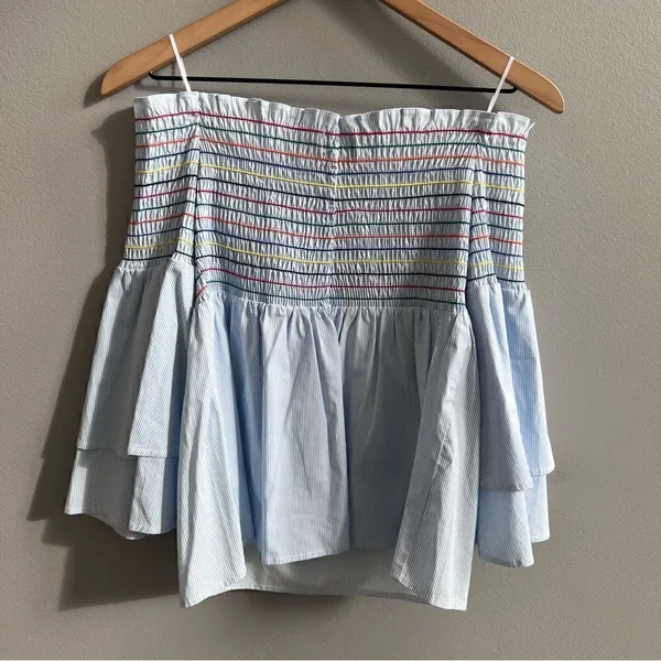 Belle + Sky Blue Off the Shoulder Peplum Top NWT Delight Blue Strip Size Small - Image 4