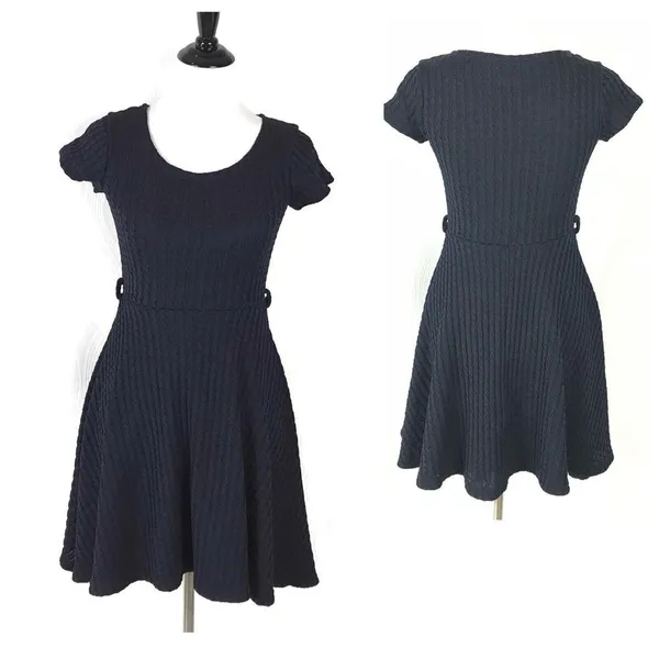 Gracia Cable Knit Textured Skater Mini Dress Fit Flare Black Scoop Neck S - Image 2