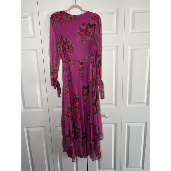 Betsey Johnson Wrap Mesh Maxi Dress‎ Womens 2 Pink Floral Rose High Low Ruffle - Image 7
