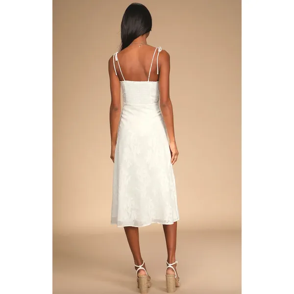 Lulus Loveliest Looks White Floral Jacquard Tie-Strap Midi Dress Medium NWT - Image 3