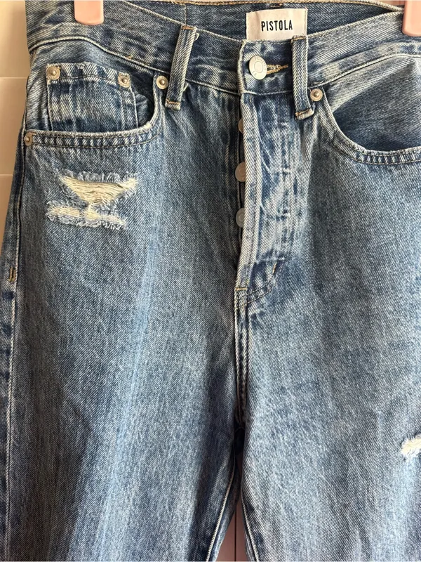 Pistola High-Rise Distressed Straight-Leg Jeans - Blue sz 25 - Image 3