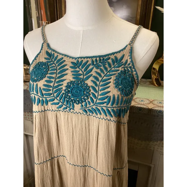 Ole San Miguel Tan Cotton Gauze Embroidered Tiered Maxi Dress Small Blue Floral - Image 2