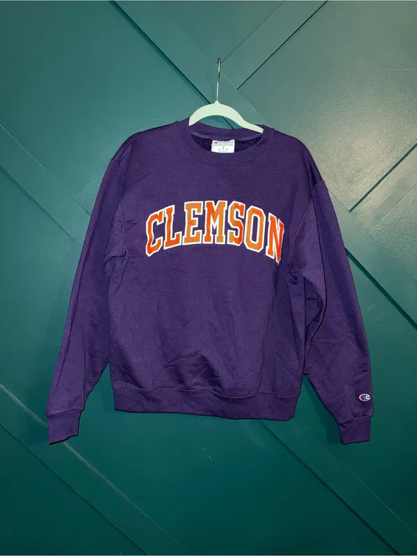 Vintage Champion Clemson Tigers Purple Sweatshirt Orange & White Logo - Image 2
