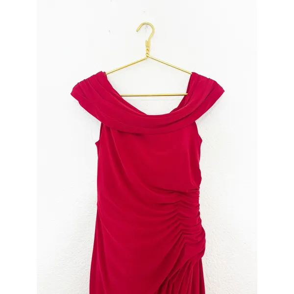 Ieena Mac Duggal Ruched Red Off-The-Shoulder Midi Dress Size 6 Cocktail Wedding - Image 5