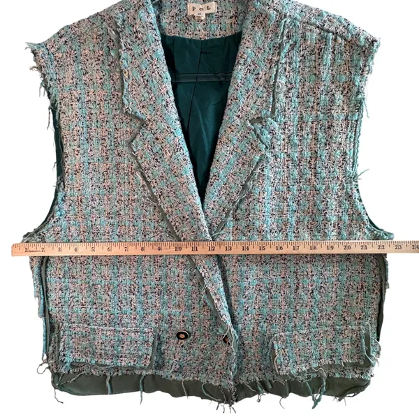 POL Tweed Vest Blazer Sleeveless Jacket Distressed Blue Cream‎ Small Oversized S - Image 4