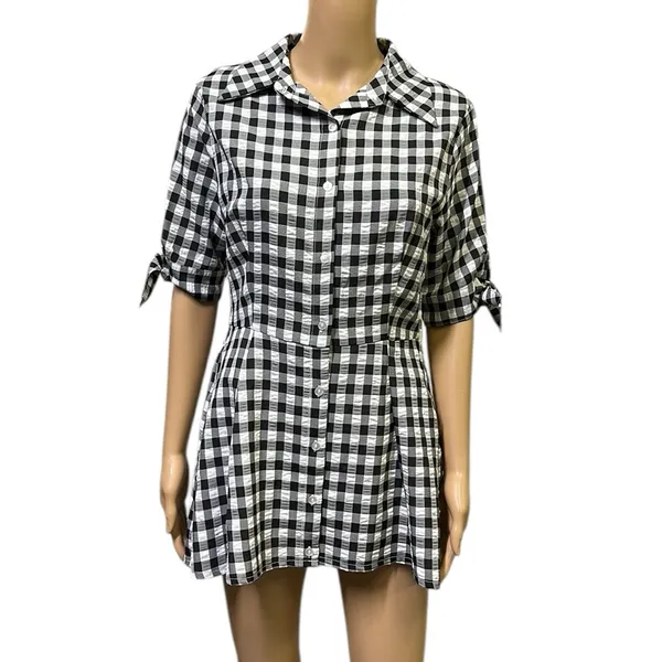 Kate Lily Gingham Short Tie Sleeve Button Up Tunic Blouse Black White Womens 8 - Image 2