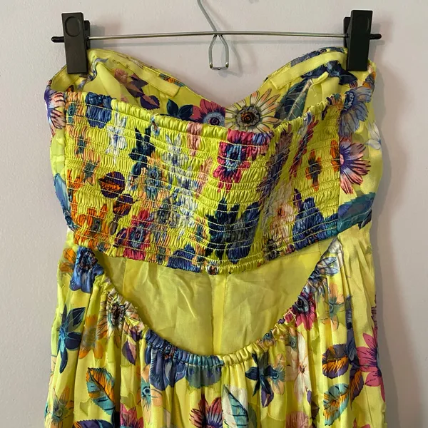 Anthropologie Strapless Midi Dress Floral Silk Blend Yellow Wedding Guest Small - Image 8