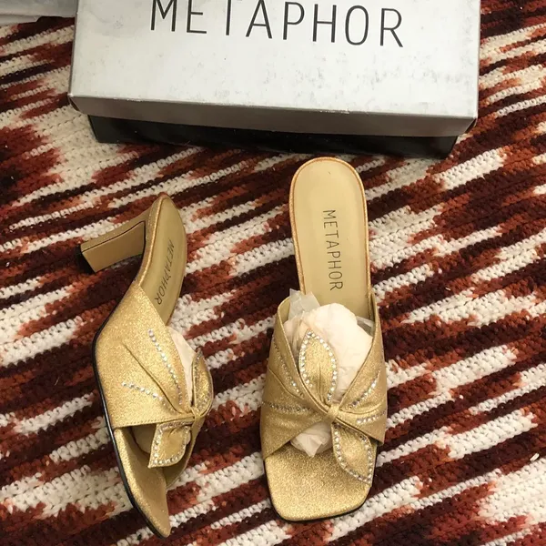 Vintage Metaphor Gold Glitter Glam Rhinestone Party Glamour Evening Kitten Heels Pumps Mules Genuine Leather Square Toe Size 9M - Image 2