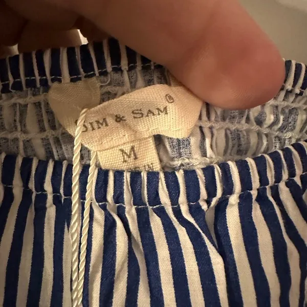 Sim & Sam‎ Navy Blue Striped Smocked Square Neck Puff Sleeve Top Blouse Preppy - Image 4