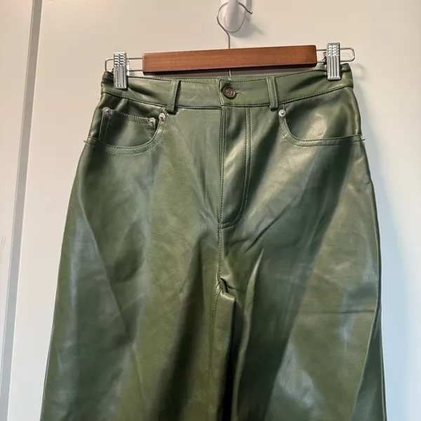 Urban Outfitters‎ Faux Leather Wide Leg Green Pant Olive Army Hunter High Waist - Image 5