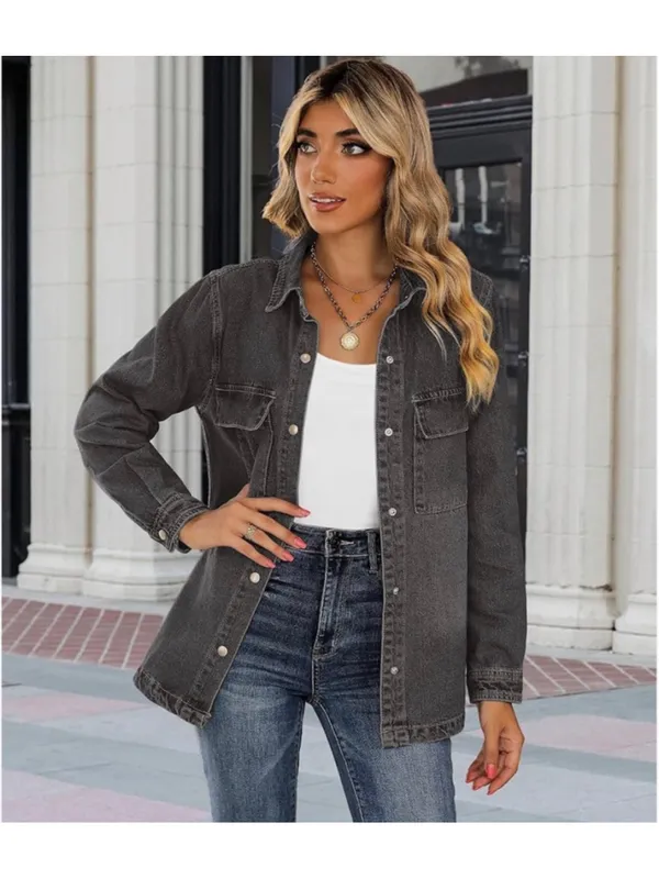NEW Cotton Jean Jacket Shacket Oversized Button Down Denim L Gray Size L - Image 5
