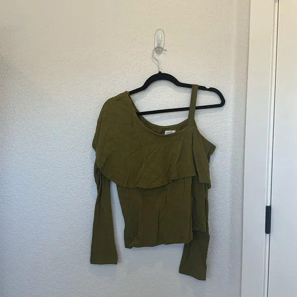 Anthropologie Postmark Olive‎ Green One Shoulder Ruffle Long Sleeve Top Shirt Sm - Image 4