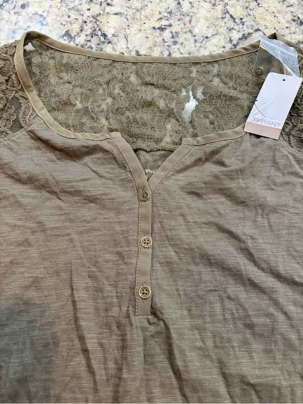 Lane Bryant Olive Lace-Yoke Henley Top - Image 2