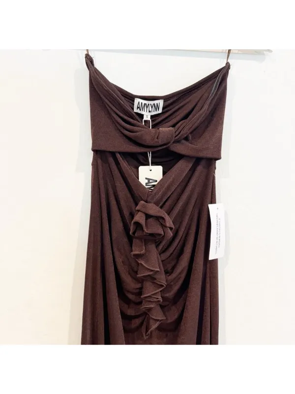 AmyLynn‎ Twist Front Rosette Maxi Dress Small Wedding Guest Romantic Chic Brown - Image 4