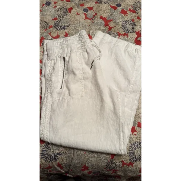 Athleta Cabo Linen Wide Leg Pants Womens 16 White Beach Pockets Drawstring - Image 4