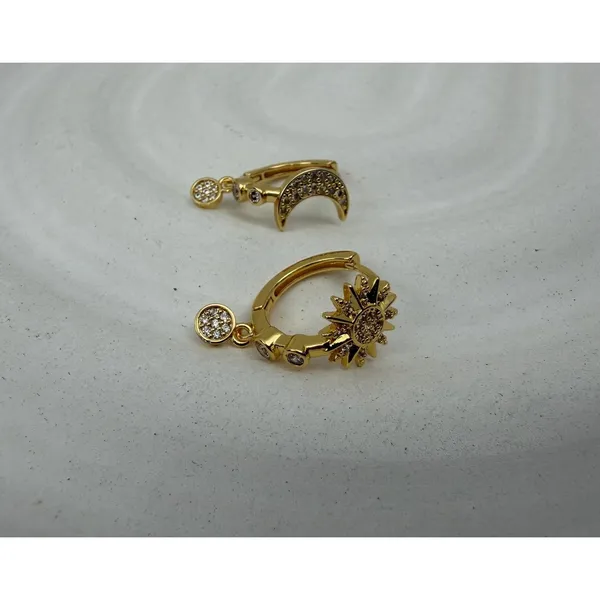 Sun Moon Huggie Hoop Earrings 18K Gold PVD Stainless Steel CZ Celestial Dangle - Image 3