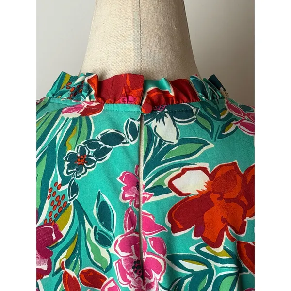 THML Dress Women XL Green Floral Puff Sleeve Ruffle Neck Tiered Mini Bohemian‎ - Image 7