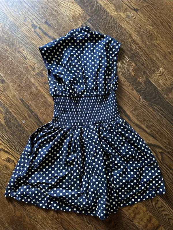 Anthropologie Tommie Cap sleeve Navy and Yellow Polka Dot Zip-Front Mini Dress - Image 8