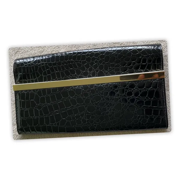 ALDO Black Faux Croc Clutch Wallet‎ Purse Envelope Gold Bar Snap Closure Large - Image 2