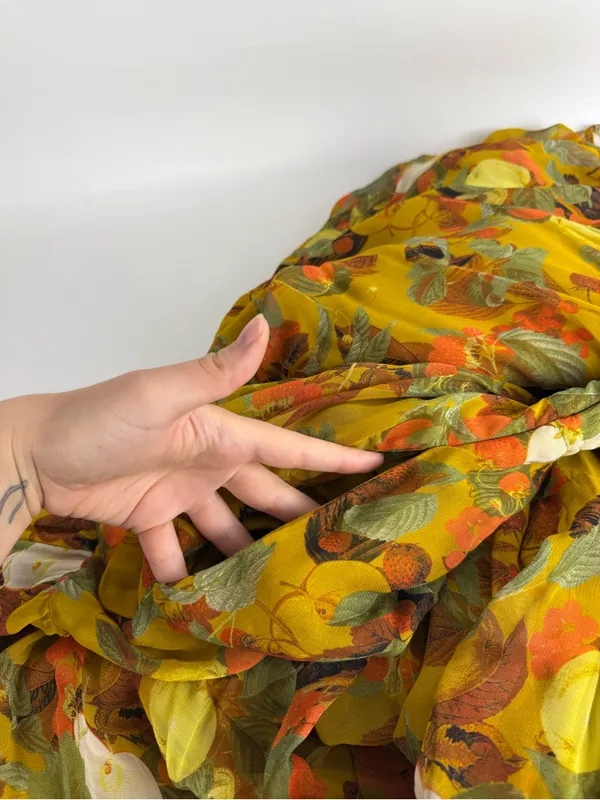 Anthropologie Yellow Fruit Print Smocked Waist Tiered Dress, Size XL - Image 11