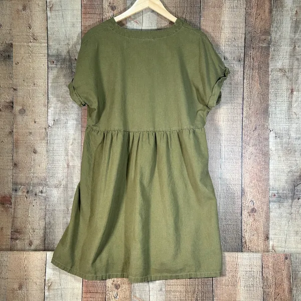 Universal Threads Olive Green Linen Blend V-Neck Babydoll Mini Dress Pockets L - Image 8