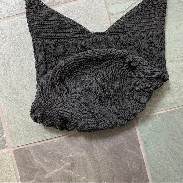 Black lined crochet cable stitch boho shoulder sling bag cotton blend - Image 3