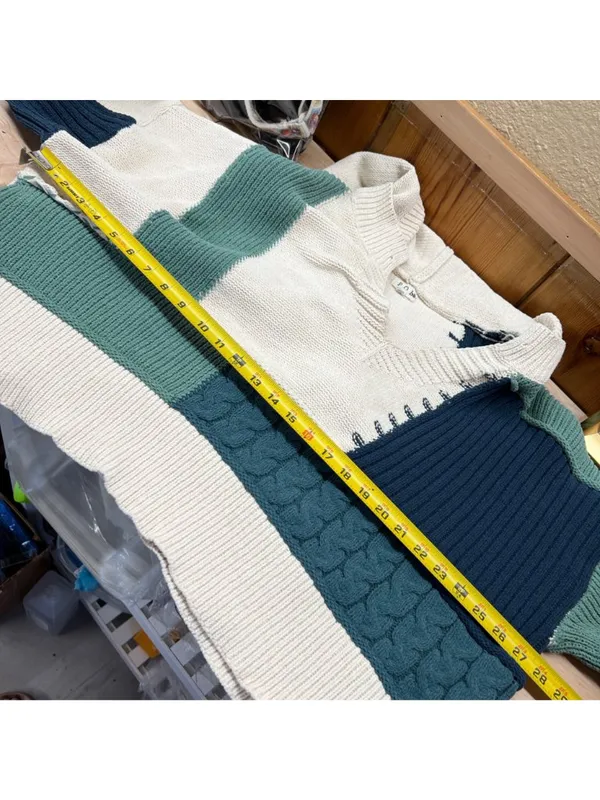POL Colorblock Knit Hoodie Sweater Patchwork Beige Green Navy Size Small - Image 10