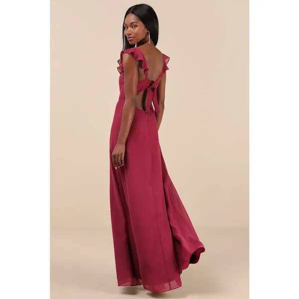 NWT Lulus Sweetest Entrance Dark Magenta Ruffled Tie-Back Maxi Dress Gala Size M - Image 3