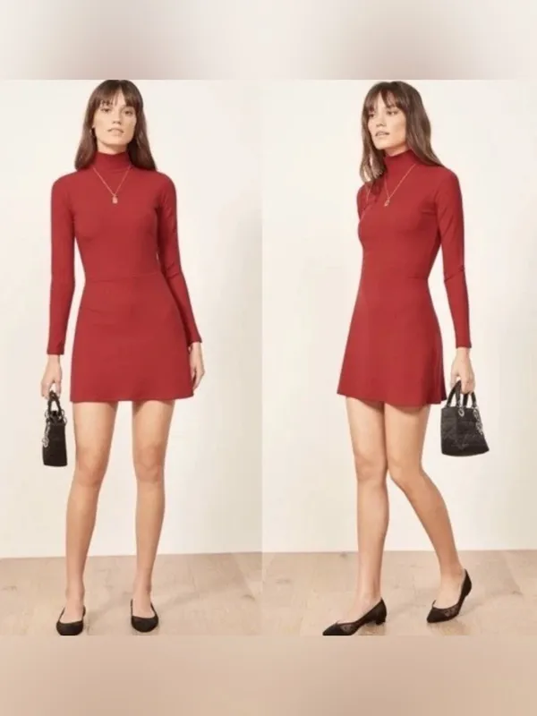 Reformation Maya Cherry Red Ribbed Turtleneck Mini Dress Long Sleeve Sammi - Image 3