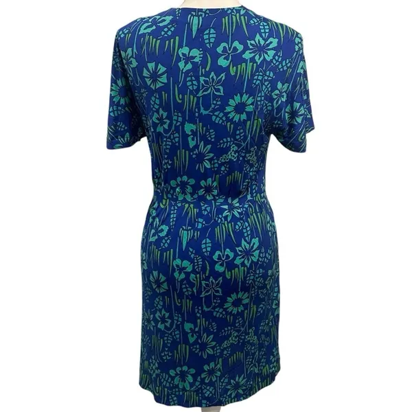 VTG 70s Bessi Firenze Blue Green Floral Silk Faux Wrap Surplice‎ Dress Mod Small - Image 4