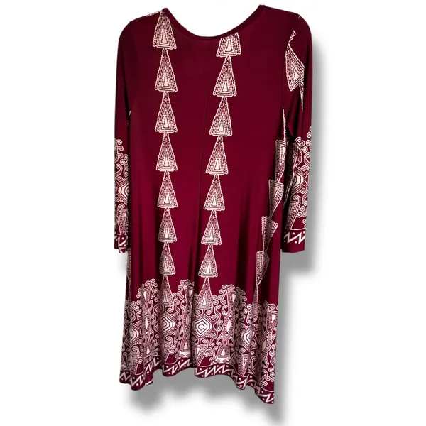 Boutique Long Sleeve Shift Dress Size L Burgundy Wine Cream Tribal‎ Print NEW - Image 3