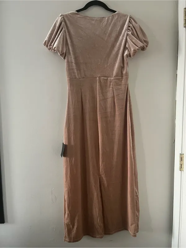 Lulus Blush Pink Velvet Puff Sleeve Midi Dress Large Lace Coquette Babydoll NWT - Image 7