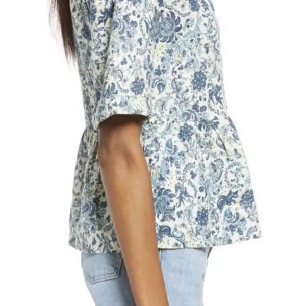 Faherty Womens Salinas Jacobean Top S Floral Lace Up Linen Floaty Blue Aviary - Image 5