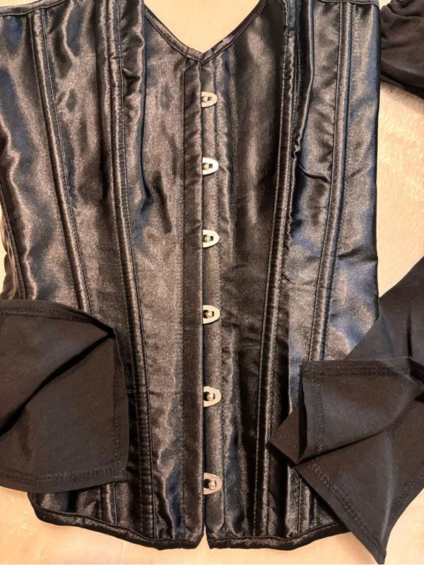 Womens hook and eye overbust corset top poet sleeves black S - Image 2