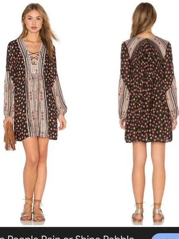 Free People Black Floral & Stripe Lace-Up Long Sleeve Mini Dress - Image 11