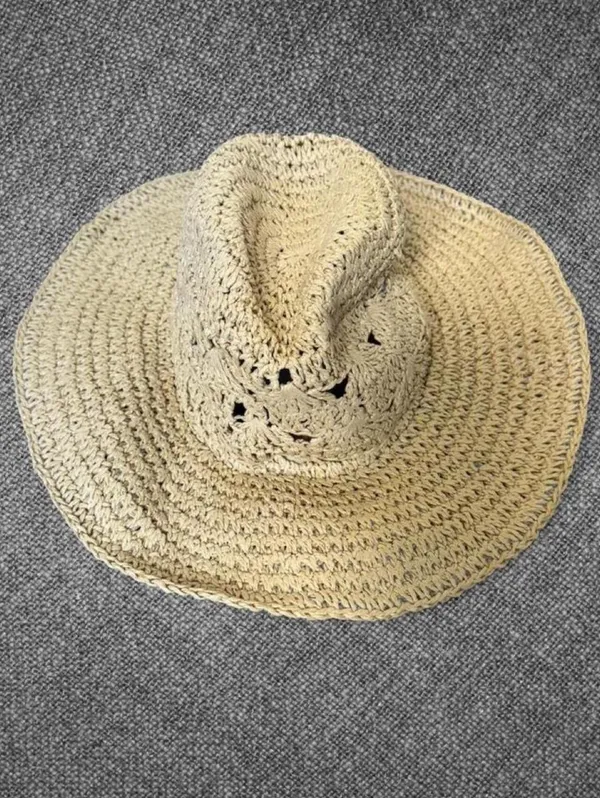 Women’s Beige Crochet Paper Straw Wide Brim Sun Hat - Image 8
