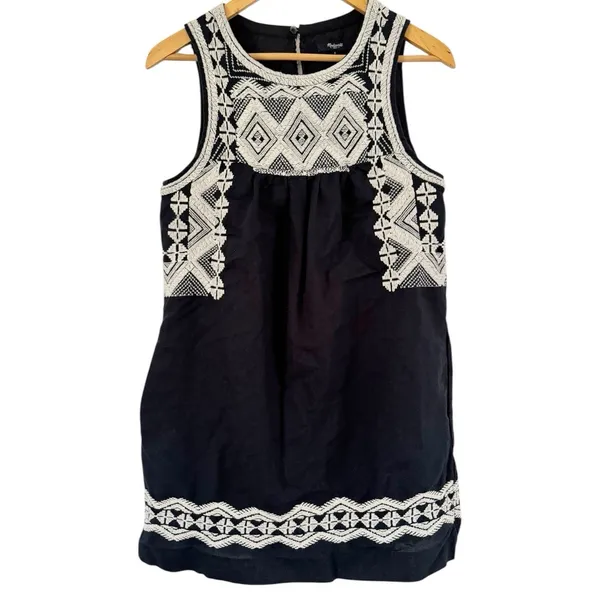 Madewell Navy Blue Linen Blend Aztec Embroidered Knee Length Dress Size Small - Image 3