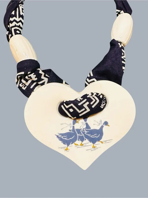 Handmade Blue Bandana White Ceramic Heart W/ Ducks 11” Necklace USA Made - Image 3