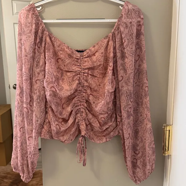 Knotty St Michael pink paisley smocked back balloon sleeve peasant top western M - Image 2