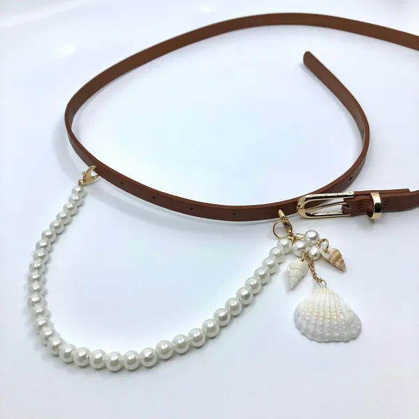 Mermaidcore Brown Faux Leather Pearl Shell Belt, Fits 32.5–35 Inches, X7GA1230 - Image 7