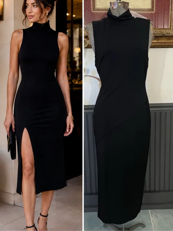Good American Black Mock Neck High Slit Midi Dress Size 3 (Large)🧡🎀 - Image 2