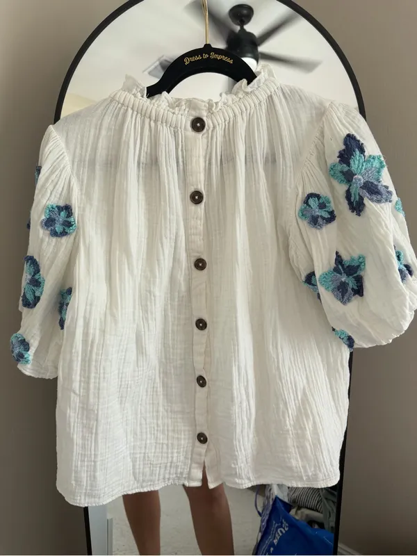 THML White Peasant Blouse with Blue & Teal Floral Embroidery - Image 8