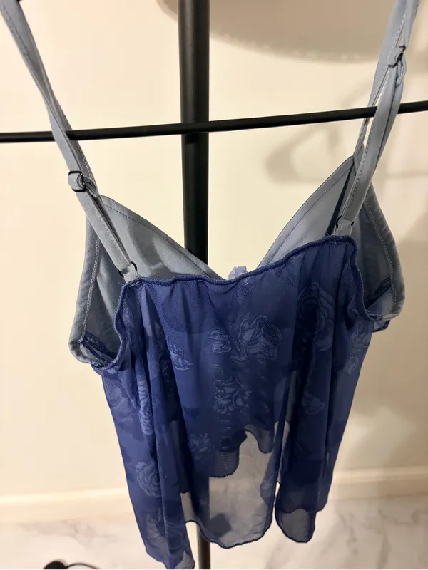 ROMWE Sheer Floral Lace Chemise in Deep Blue with Light Blue Straps - Image 4