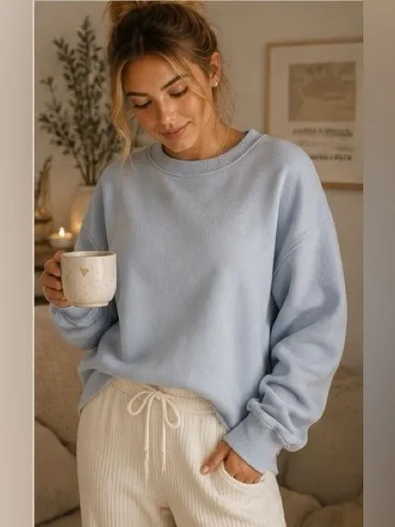 Aerie The Chill Cozy Crew Sweatshirt Light Blue Oversized Fleece Pullover XS - Image 3