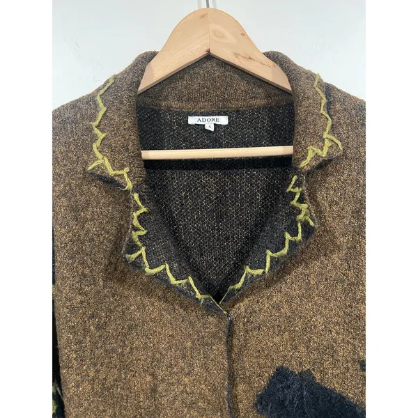 Boutique Women’s Art to wear Funky Boho Fuzzy Cardigan Acrylic Green Brown Black S - Image 9