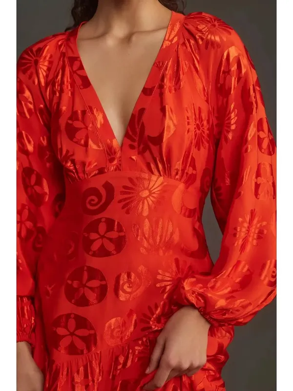 NWT Anthropologie x FARM Rio Red Satin Long-Sleeve V-Neck Jacquard Maxi Dress M - Image 2